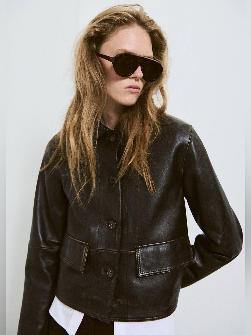 new Mango real leather Worn Effect collared button down jacket in brown black